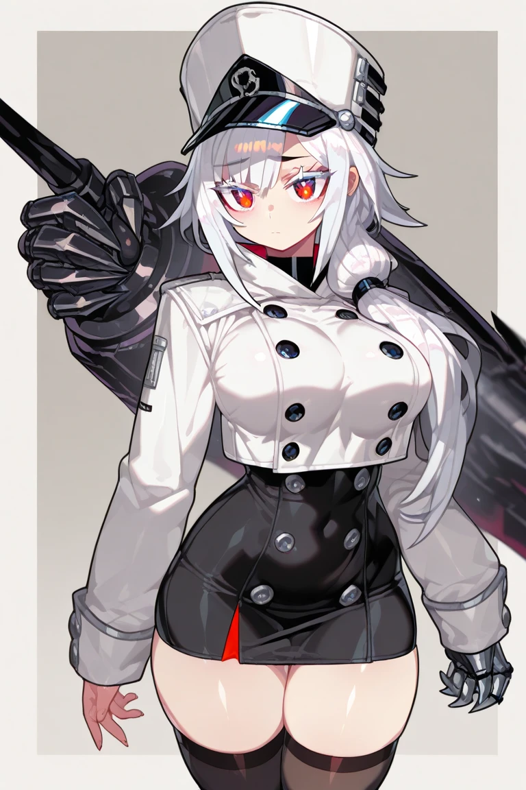 NSFW,((Perfect human body)),One girl, Red eyes, Wavy silver hair, Pointed Ears, vampire, Drooping eyes,Police uniform,Serious expression,Police hat,skirt,Mobile Task Force Equipment,Big Breasts,Hair Flowers, snow, ice, whole body,Ready a rifle,bulge in the crotch