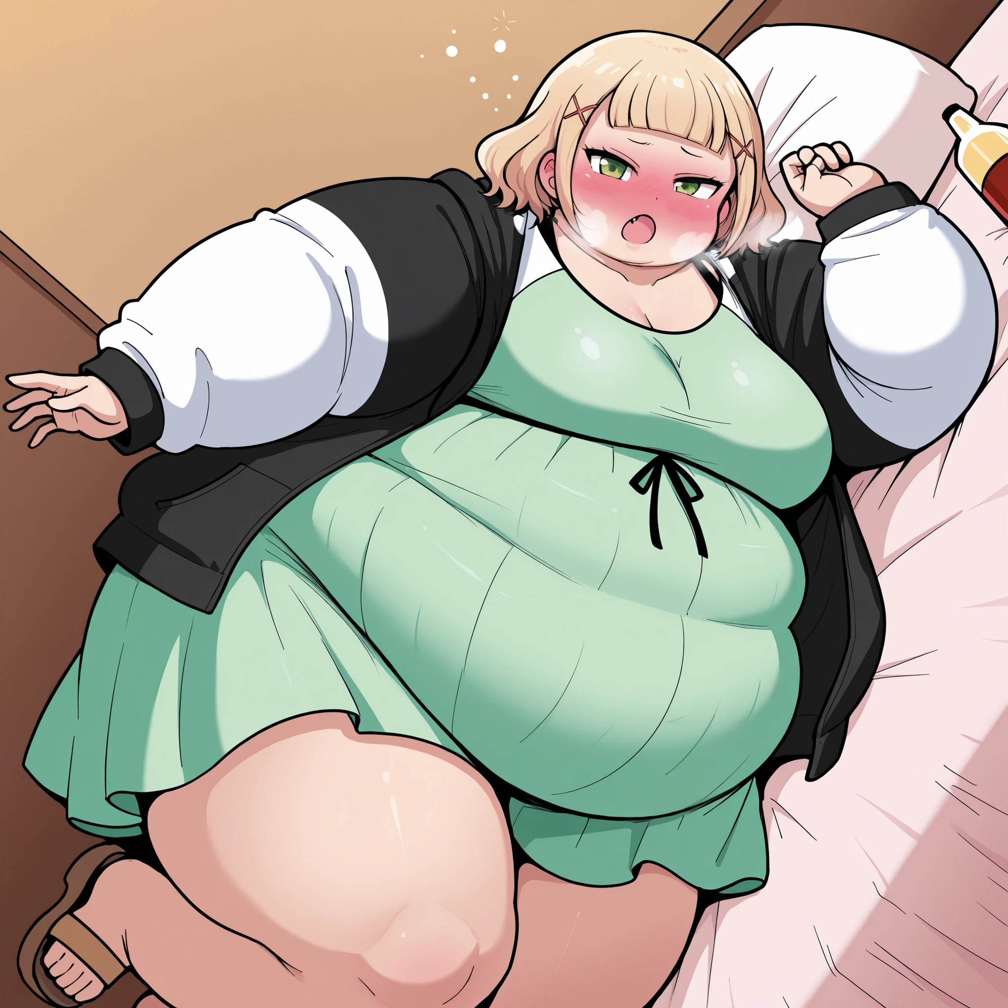 mio, 1girl, solo, breasts, blonde hair, multicolored hair, red eyes,large breasts, cleavage, long hair, thighhighs, indoors, bedroom, obese, obese belly, lying on bed, topless, Green panties, sexy, sexy face