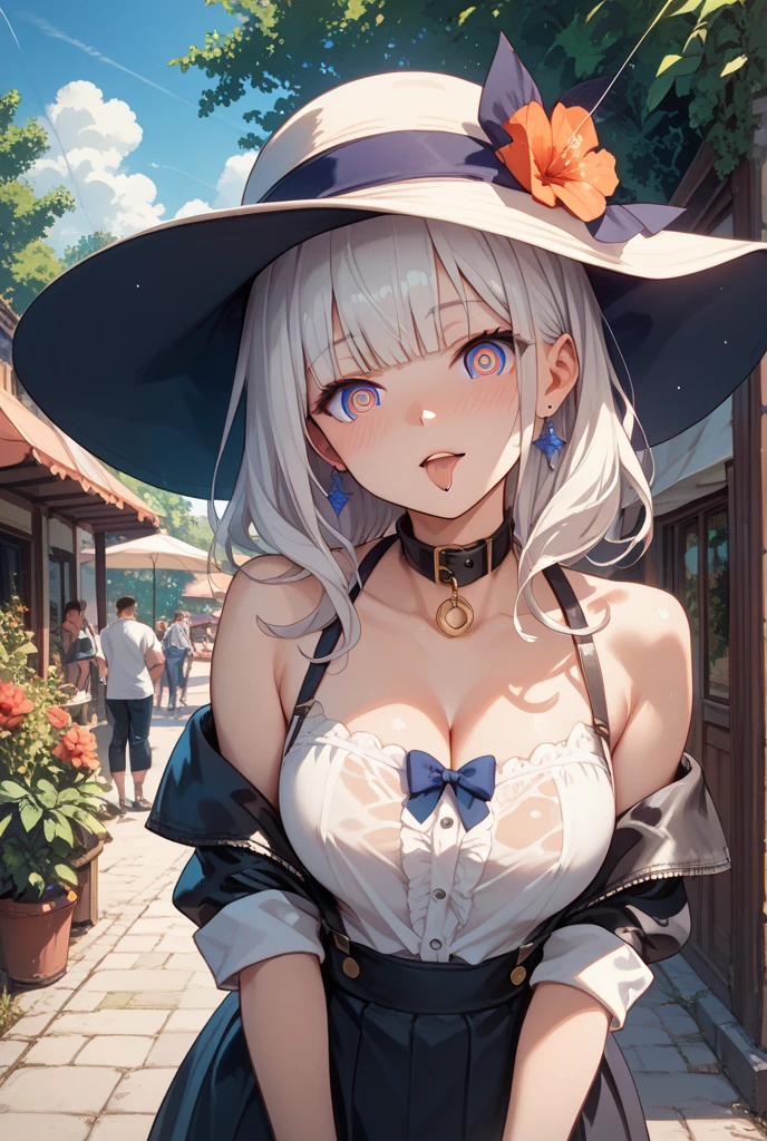 masterpiece, best quality, 1 girl, solo, large breasts, red eyes, nervous smile, blunt bangs, brond hair, short hair, cute witch, witch hat, ancient magic world, fantasy world, back shot