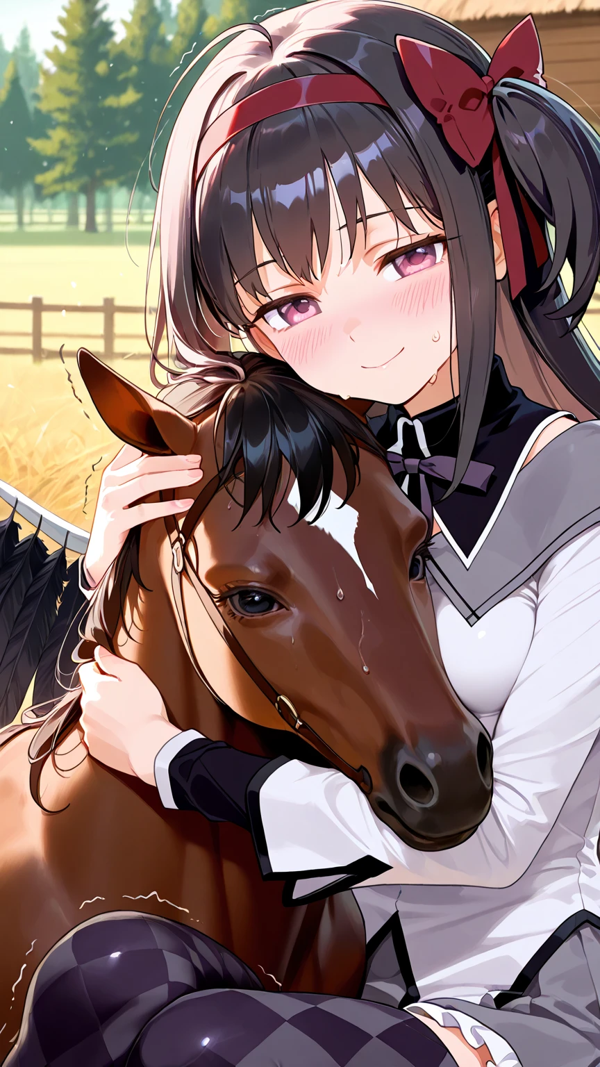 Masterpiece, top quality, highest definition, one adult female, slit eyes, dark hair, huge butt, big bubbles, curvy body, voluptuous body, body curvy , one length, brown eyes, model like, beautiful, perfect proportions. Shirt, mini tight skirt. She is on all fours in a grassy field. A large dog is mounted on her back, and she and the large dog are mating. The horse is holding the woman's back.
The woman's face is bright red and flushed, her mouth open and both eyes closed,
She looks like she is crying.bestiality, zoophilia, horse sex teen girl, sexo con animales, big penis horse, gigant penis horse, double balls, penetration, insertion, sex bestiality for Dog, penis, sex vaginal