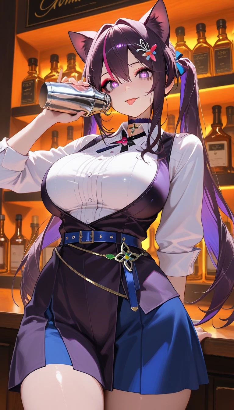 a woman holding a glass of liquid and a book, alchemist girl, she is in the potions workshop, glamor anime witch casting magic, anime moe art style, anime drinks energy drink, anime look of a beautiful girl, black hair wizard, I'm going to make fanart too, casting a spell on a potion, female protagonist 👀 :8, anime young man ( witch outfit with long skirt, white hair tied into a side ponytail that falls to the shoulder. ((whole body)), Model Sheet, perfil