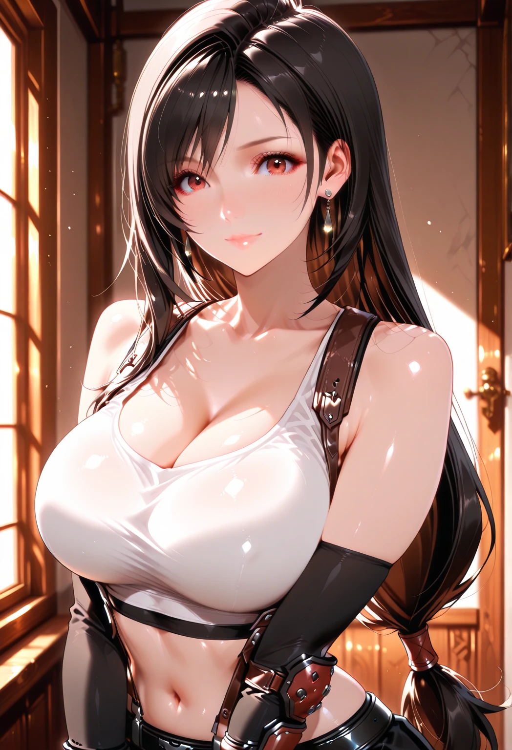 (((One girl:1.5, alone))), Very pretty woman photo,Yor Briar、 (Sexy Model), Professional attire, (22 years old: 1.1), Portrait of a cheerful smiling girl, Full body images, When viewed from the front, The composition is symmetrical, (Looking straight at you, Are standing, Leaning forward:1.2, Sexy Model pose), break, (shiny fine hair: 1.2), (Bob Ponytail:1.3), dark red eyes, Beautiful Eyes, Princess Eyes, ((Black Hair:1.3)), A single hair, bangs, Hair between the eyes, Long Hair, curve, Abdominal muscles, perfect Abdominal muscles, (Huge breasts;1.37, Large Breasts:1.37, Large Breastsの谷間:1.37), (Narrow waist: 1.15), (Detailed beautiful girl: 1.4), Part your lips, Red lips, (Shiny skin), ((Perfect female body)), (Upper body image:1.3), Encircling the head, Perfect Anatomy, Perfect proportions, 8.5 Life-size, Face Focus, break, (Bare shoulders, Chest tightness, Show Viewer, (White T-shirt and navy blue high leg bloomers:1.4), break, (Japanese izakaya detailed background:1.2), (Studio Lighting: 1.3), (Cinematic lighting: 1.3), (Backlight: 1.3), Dim lighting, Full body lighting, break, (Realistic, Realistic: 1.37), (masterpiece, Highest quality: 1.2), (Ultra-high resolution: 1.2), (RAW Photos: 1.2), (Sharp focus: 1.3), (Face Focus: 1.2), (Ultra High Definition CG Integrated 8K Wallpaper: 1.2), (Beautiful Skin: 1.2), (Pale skin: 1.3), (Hyper Sharp focus: 1.5), (Ultra Sharp focus: 1.5), ( Beautiful pretty face: 1.3), (Highly detailed background, Detailed Background: 1.3), Ultra Realistic Photo, Ultra-sharp images, Hyper-detail image、hair band