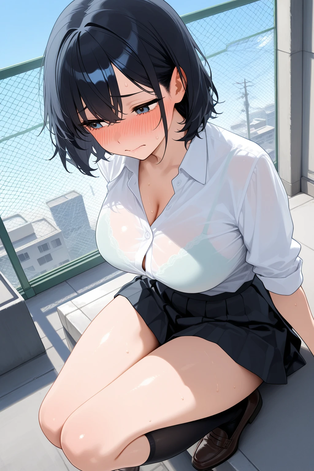 short black hair, tall, shiny skin, glossy skin, huge breasts, fit, dark skin, very dark skin, tall, very long legs, angry smile, no panties, pussy, skirt lift, t-shirt, bottomless, sitting pov,train