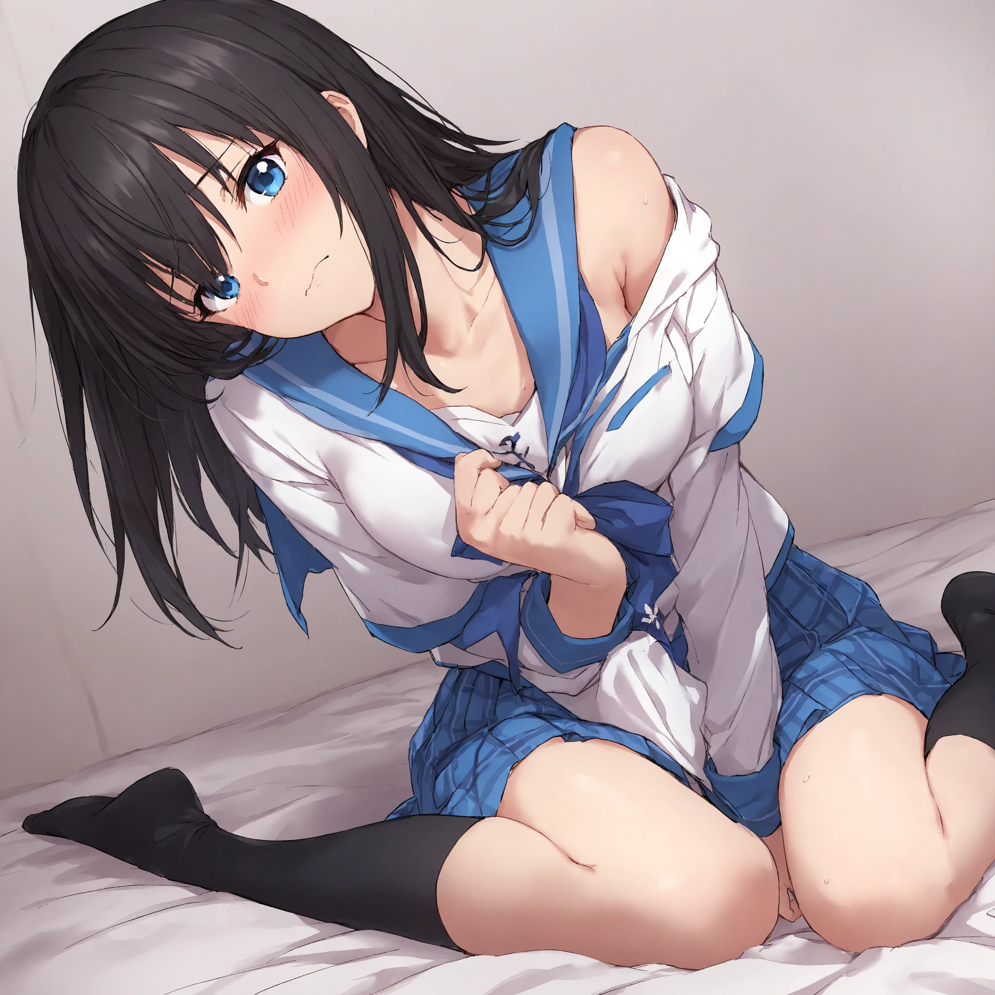 A woman is pushed onto a bed、Has a shy look on his face, On my back, Wear a sailor uniform, I can see your chest, Lifting up skirts for sex, I can see your pants, Normal position, Sexy face,throw, Open your mouth wide and shout, Blushing,