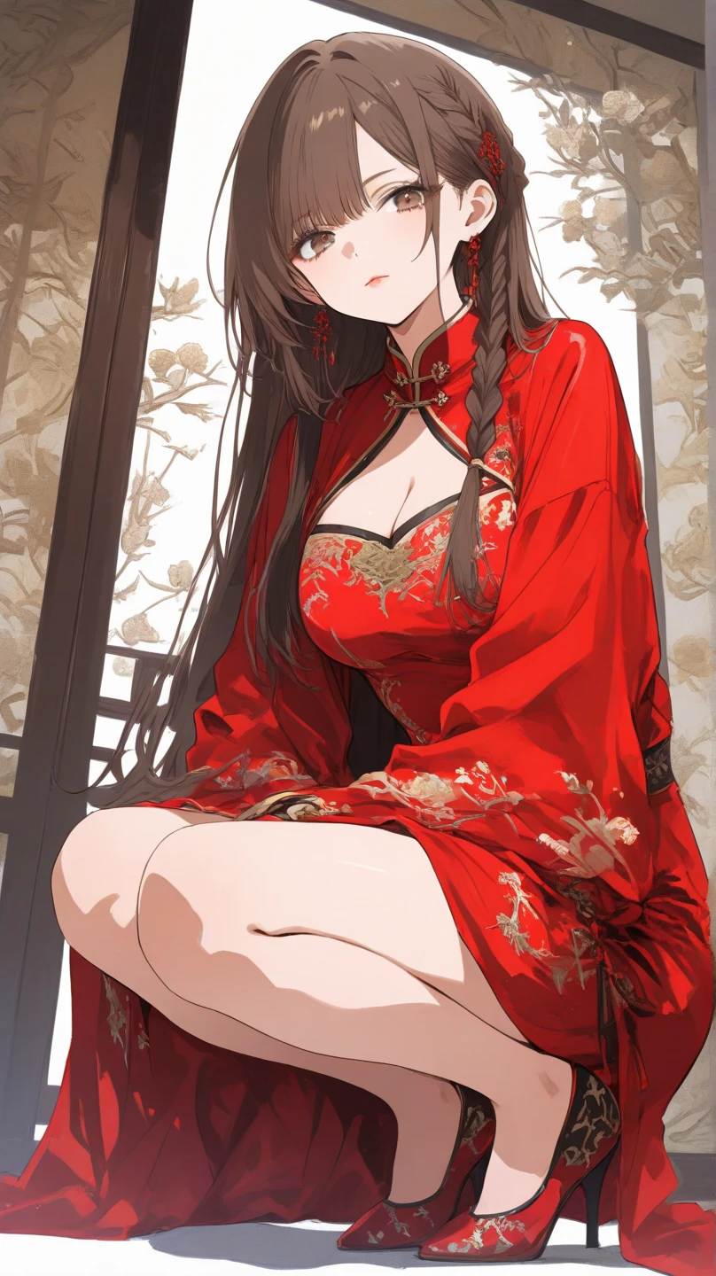 The details are accurately described, with women as the main body, wearing red dresses with floral patterns, sexy dresses, sexy hips and breasts, red floral pieces, full silk material, thin waist, streamlined, split to the thighs, slender dress hem design, reminiscent of the style of the morning, looming vines, symbols are more and more beautiful, showing a sense of rhythm.