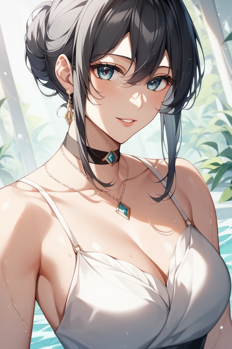 （Hands folded behind your back）、Big Breasts、Beautiful breasts、Black Hair、Armpits are visible、Attractive breasts、Beautiful and attractive anime woman, Enchanting anime girl, Top rated on pixiv、Short Bob、Healthy Body、OK、（white）Small see-through underwear、Yakuza、（big）tattoo、（On the arm）Tattoo、I can see your underwear、Shaving、Slippery、big round earrings、Iris、beautiful girl、、Provocative、Underwear is biting into、The setting sun is shining through the window、Stay in the house、Quiet、Inconspicuous、Nipples、Small Necklace