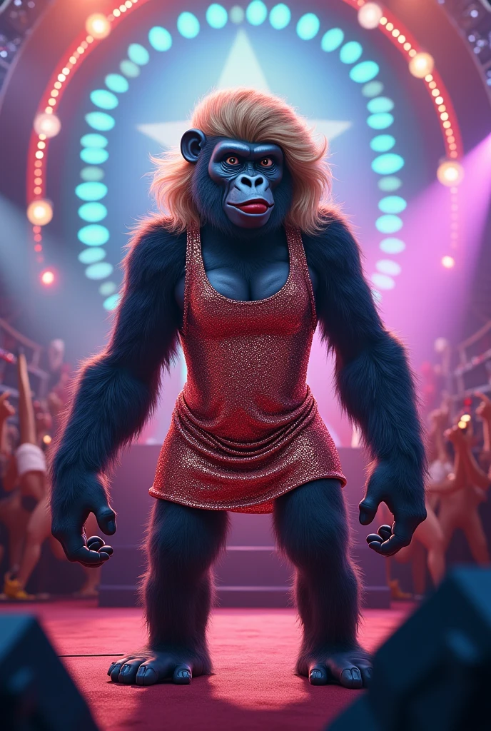 A granny rapping with a fish-eyed gorilla in a nightclub