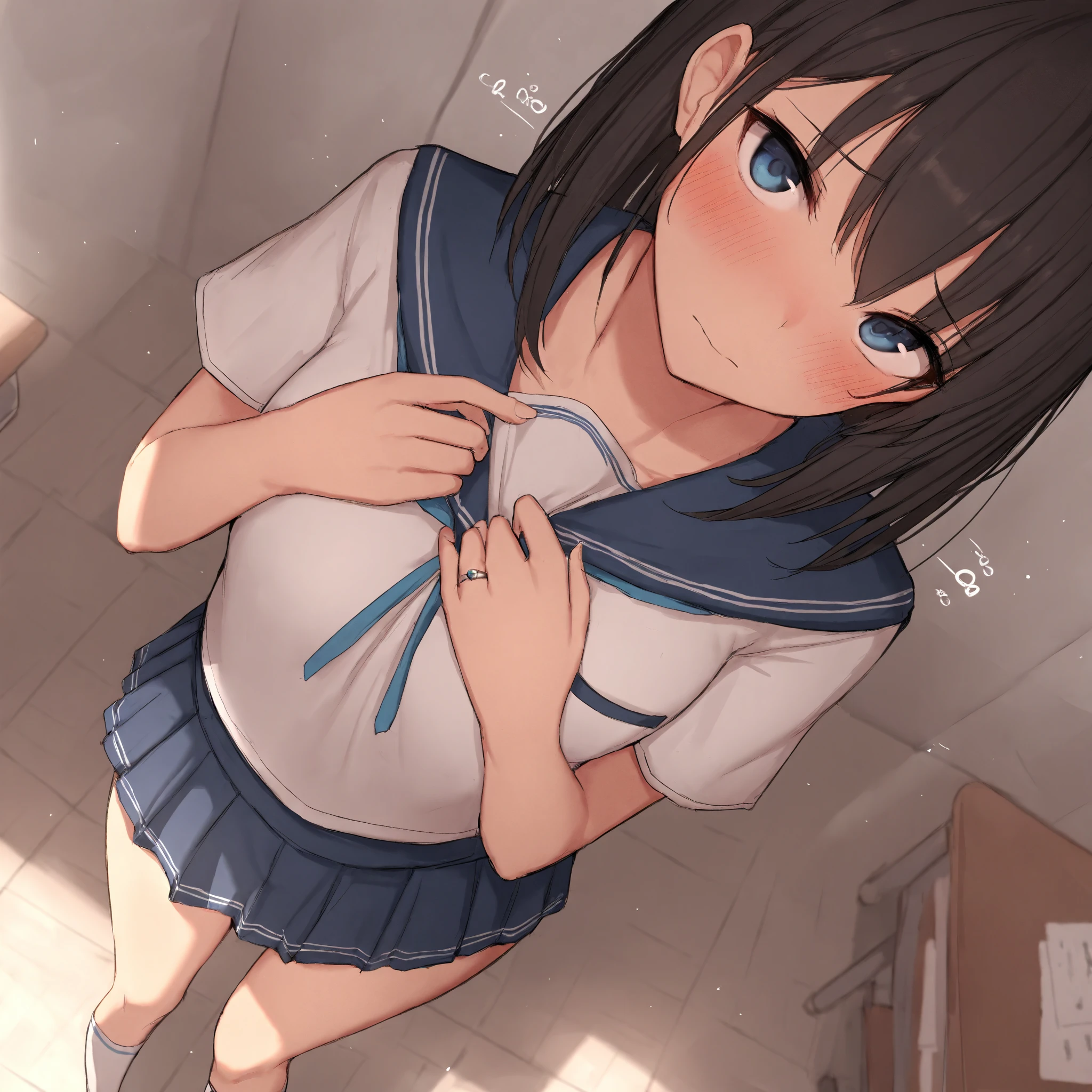 ((best quality)), ((masterpiece)), ((detailed)), (((perfect face))), (((slender 18yo teenage girl looking down))), (((topless))), (((medium breasts))), ((dark blue pleated skirt from waist to thighs))), ((dark brown hair)), ((short ponytail)), (((blue eyes))), ((shy:1.3)), ((blushing:1.5)), ((skinny thighs)), ((skinny hips)), (((bare arms))), (((bare shoulders))), (((bare stomach))), (((open mouth))), (((surprised:1.3))), (((interior school corridor))), (((wearing blue sneakers))), (((standing)))