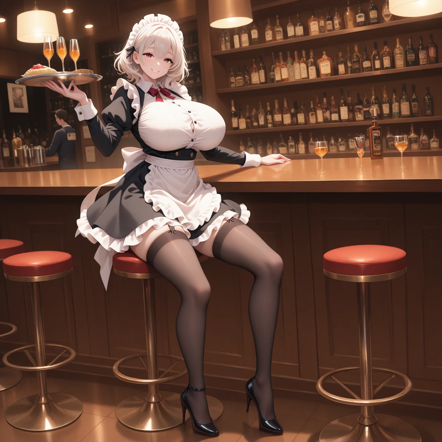 Hi res, masterpiece, 8k, nsfw, noelle, (gigantic tits: 1.6), (dense pubic hair: 1.4), (naked: 1.4), (erotic white lace-trimmed negligee: 1.3), (black lace-trimmed stockings: 1.3) (white high heels: 1.3), (she sit with her legs spread wide on a sofa: 1.4), (she squirting love juice from her exposed vagina while orgasm and using fellatio gesture: 1.4), (front view: 1.4), flushed face, hotel bedroom, night
