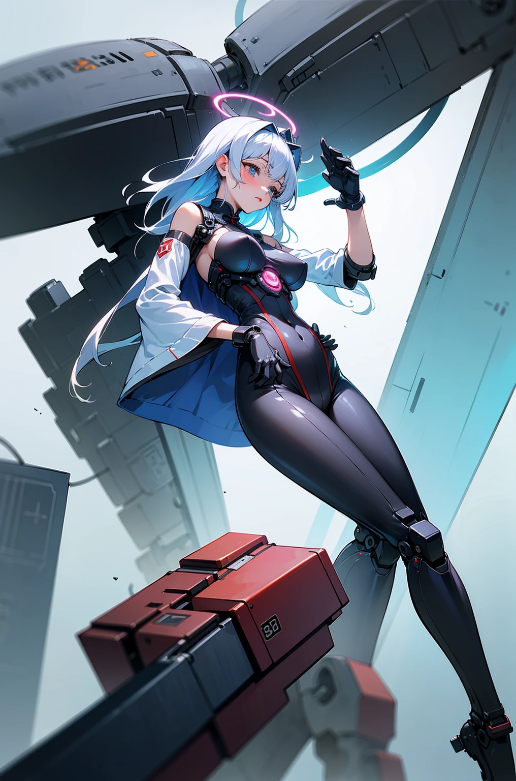 White long hair，Red pupils，White suspender thigh boots，Long white gloves，White elbow long gloves，White high-heeled thigh boots，White thigh boots，White belt，White leg rings，（binding），shackles，white one-piece dress，Blue sole，Blue ornaments，White belt，anime girl sitting on a bench in a city at night, best anime 4k konachan wallpaper, cyberpunk anime girl mech, azur lane style, cyberpunk anime girl, cyborg - girl with silver hair, android heroine, female cyberpunk anime girl, anime cyberpunk art, anime mecha aesthetic, digital cyberpunk anime art, come from《azur lane》video game