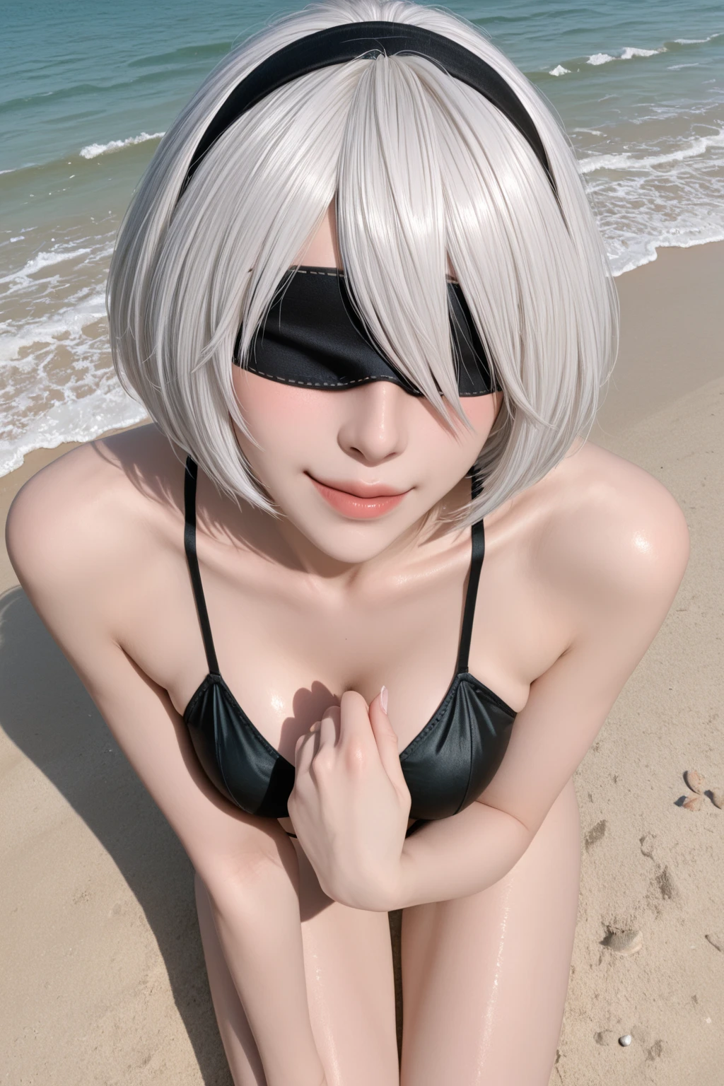 ((High quality)),masutepiece,(Detailed depiction of local details:1.2),2girl,Plump breasts,Enchanted Valley,Closed mouth,Eyelashes,nipple bigboobs,Portrait,White hair,black theme,Short hair,yorha no. 2 Type B,(((White hair and black hair)))、 Full body view、(((Midsummer beach)))((Woman in white swimsuit、Woman in black swimsuit)((Two people smiling))((Light skin and dark skin))(((Black Hair、Dark Skin、Woman in Black Dress)))((white thong))((black thong))((Enjoy swimming in the sea))(((Sexy Bikini)))((Splashing water on the beach、((Small breasts))Nipples