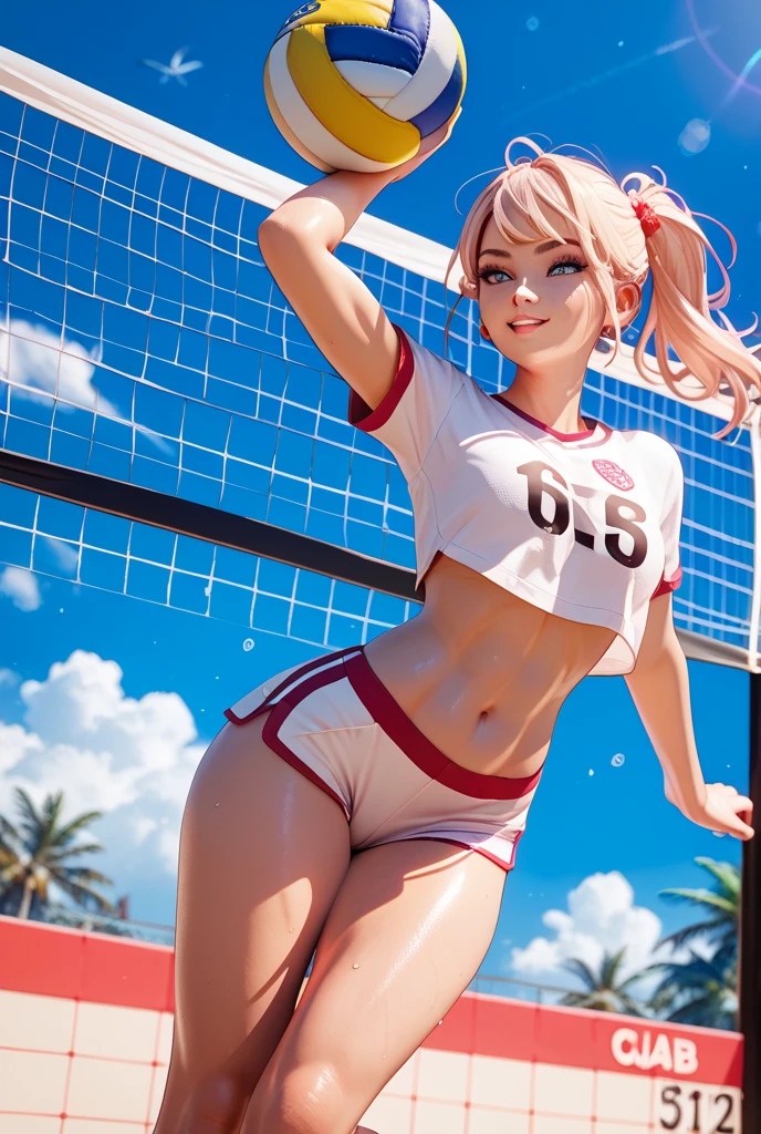 woman, white skin, caucasian, blonde hair, straight hair, short hair, side hairstyle, athletic body, blue eyes, low-cut leotard, white leotard, sports leotard, gymnastics shoes, Olympic stadium, full body photo, slight smile, looking to the camera, red lips, standing, small breasts, athletic legs, highlighted nipples, buttocks, shot from behind.