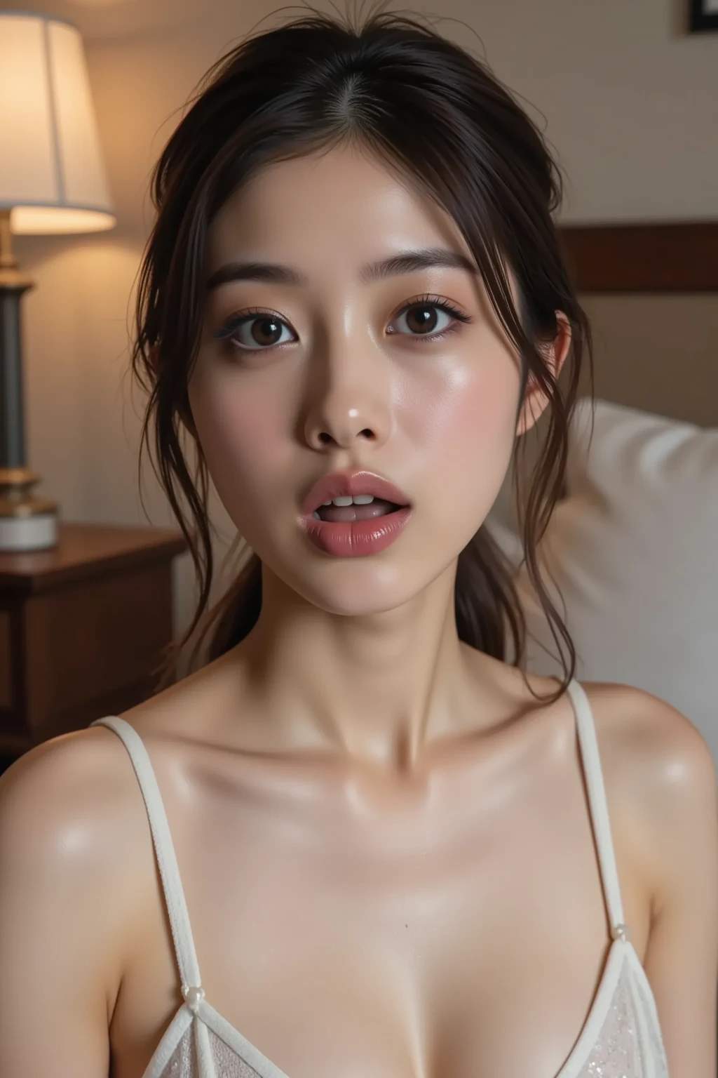NSFW, best quality,masterpiece,extremely detailed,high res,4k,ultra high res,detailed shadow,ultra realistic,realistic,dramatic lighting,1girl,solo,detailed face,realistic eyes,realistic skin,white dress,purple hair,dynamic pose, whimsical details, slicked hair, full shot, toe, mesmerizing, shallow depth of field, contrapposto, professional model, face front, portrait,