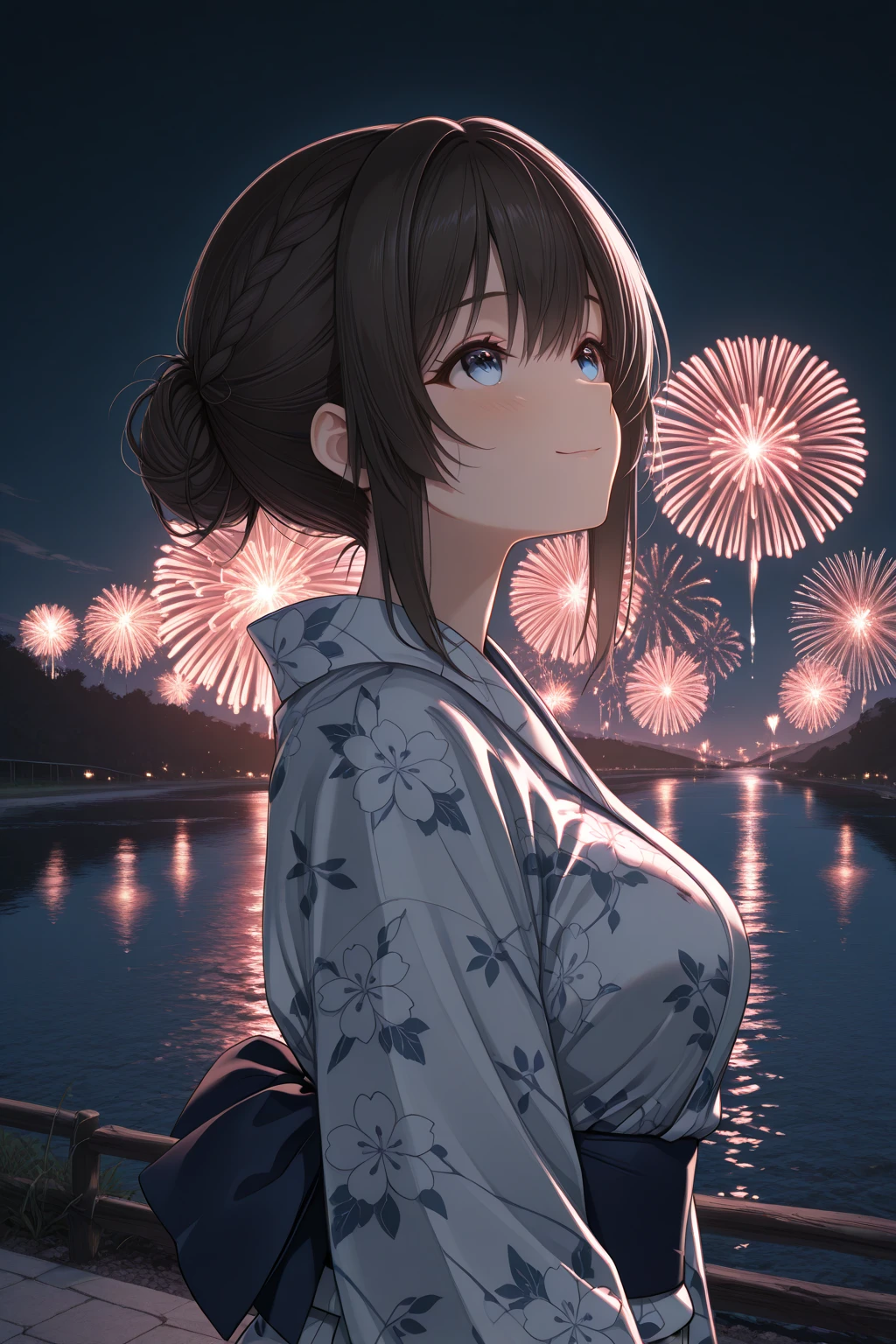 Highest quality, 8K, 4K, High resolution, High Contrast, night , firework , The upper body is visible,1girl,only,Dark brown hair,Straight Long Hair,(Beautifully detailed face),Blue, clear eyes,Upper Eye,She has big breasts,２０generation,yukata