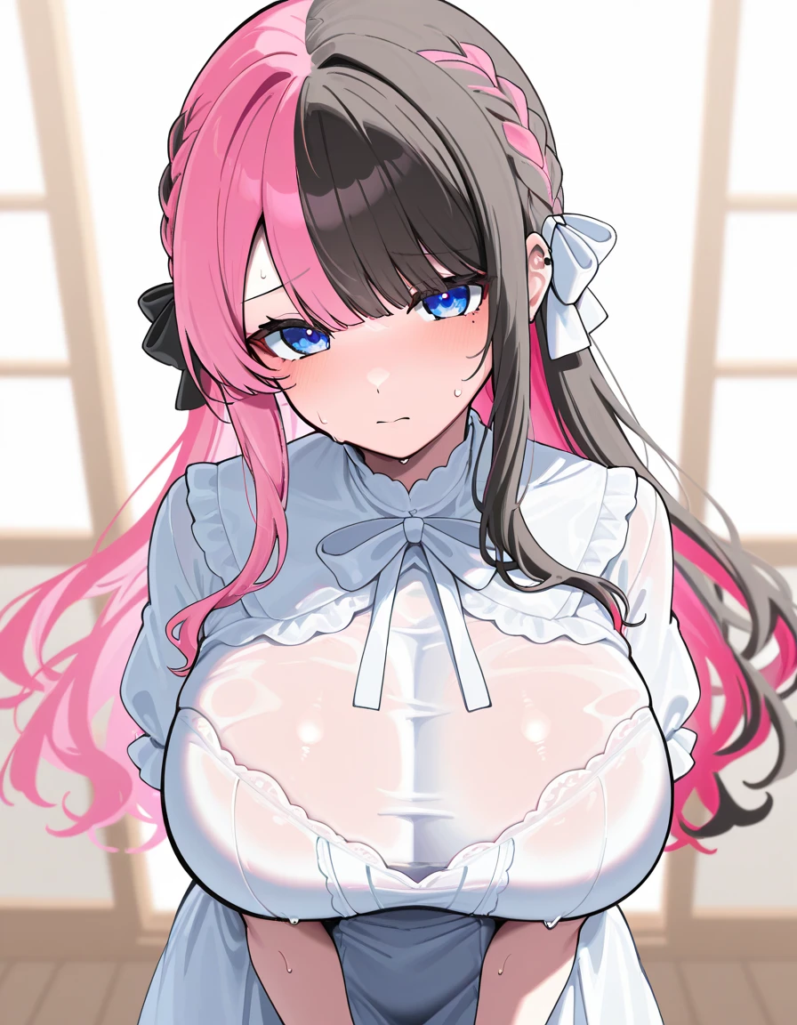 ((Highest quality))、(masterpiece)、(Realistic Shadows)、NSFW、(from above)、Upper Body、Toilet floor、girl,(split-color hair black hair + pink hair), HinanoBase, two-tone hair, long hair, french braid, hair bow, black bowtie, brooch, frilled shirt, white shirt, long sleeves, black skirt, suspender skirt、black bra、hanging breasts、unbuttoned shirt、Nipples、(drunk:1.2)Embarrassed、beckoning、topless male、(covered penis)(The groin is bulging:1.1)、implied、