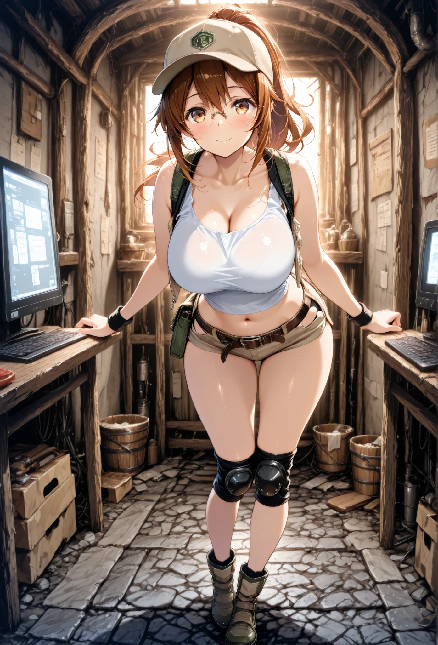 ((best quality)), ((masterpiece)), (detailed), off-shoulder sweater, Transparent body, Visible veins, Highly detailed, Upper body, one girl, young Korean woman with yellow sandy hair, beautiful Korean face, tanned skin of a dark, bronze hue, huge chest, predatory grin, smile of dangerous temptation, dressed in an open military jacket with rolled up sleeves, no underwear, one glasses on his head, pussy visible through white tight shorts and panties, sitting on the roof of a warehouse with ammunition, against the backdrop of a forest and bright sun, next to there is a bulletproof vest and a SCAR machine gun,