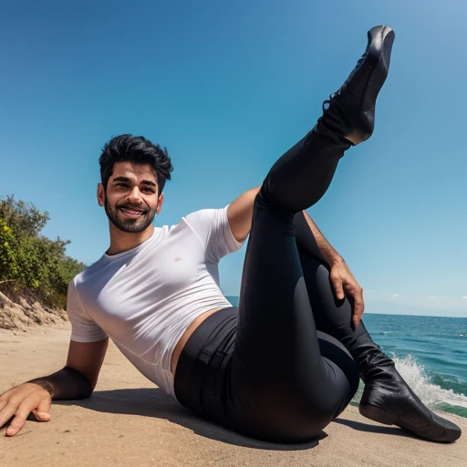 30 years old,One Man,Face of Sri Lanka、Black pants,Pool、Sit on a rubber boat with your legs wide apart、muscle、chest hair、pubic hair、Solid system、Sweat、Gay ,Very Very Short Hair、Stubble,Handsome、The crotch area is bulging。The crotch area is bulging、pubic hair、smile、Brown Hair。