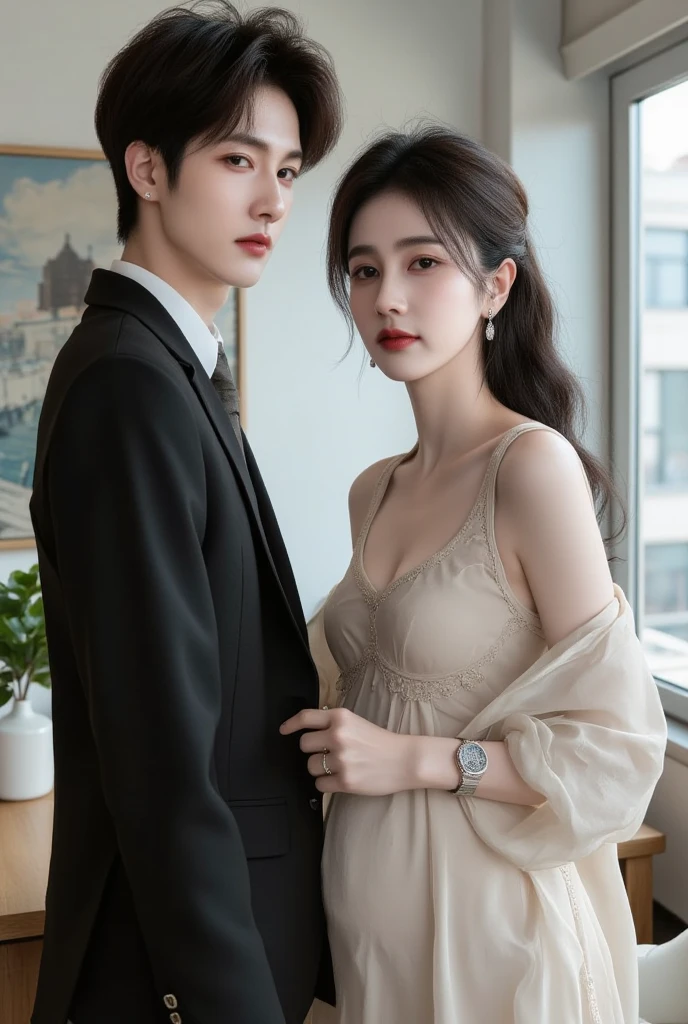 Modern. Suit man wear. Elegant couple, 1 masculie man with 2 beautiful girl. Dark hair color. Very deatiled face. pretty eyes (perfect eyes). 8K resolution. Masterpiece. Romantic, love, glowing light. Look at the viewer. Petals. Pastel color.