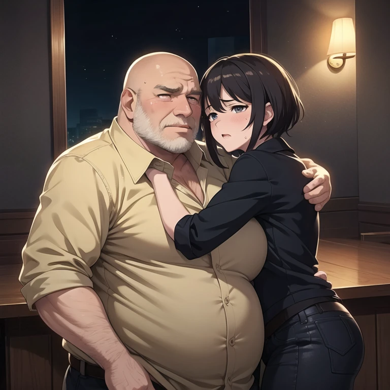 1 girl,((being hugged by an old man:1.4)),((Black tight suit:1.4)),blush,embarrassing,serious face,blue eyes,Sweat,open your mouth wide,shy,black hair,spike hair,boyish girl,big breasts,Research room,