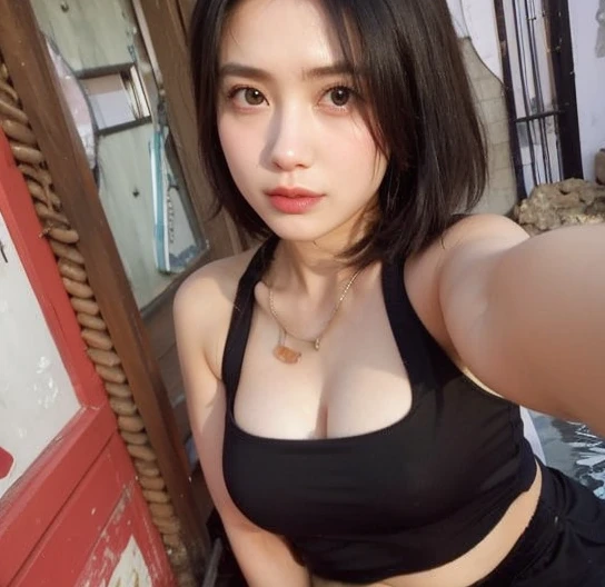 high resolution,Highest quality, figure, Super detailed, In detail, High resolution, 8k wallpaper, Thick lips、Perfect dynamic composition, Glossy with oil々Skin、Korean、 Tight mini tank top、Belly button piercing、Pink tiny mini panties、Shiny thighs,Thick thighs、Narrow waist、Firm big breasts、 Large Breasts、Natural color lip, Bold sexy pose,Balcony in the morning、cute、Selfie、NSFW、Incême、Up Angle、Selfie、squat