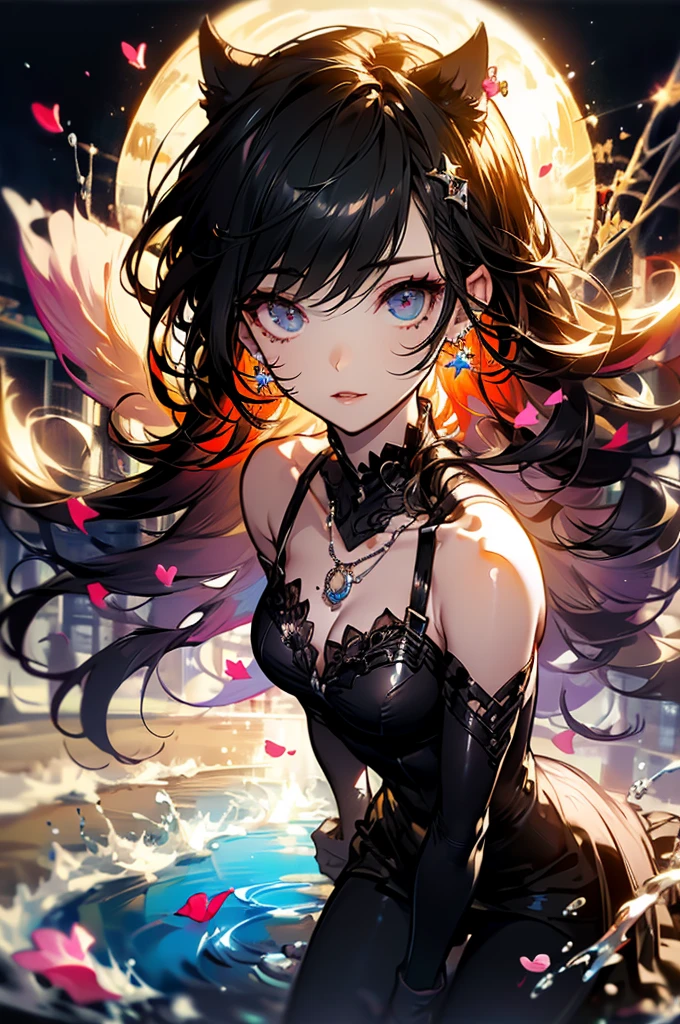 absurdres, RAW photo, extremely delicate and beautiful, masterpiece, Best Quality, ultra high resolution, 32k, hyperrealistic, ultra-detailed, delicate facial features, beautiful detailed woman, tearful mole, earring, medium breasts, full body shot, medium hair, black hair, fire witch, blood, light particles, light rays, high contrast, colorful,