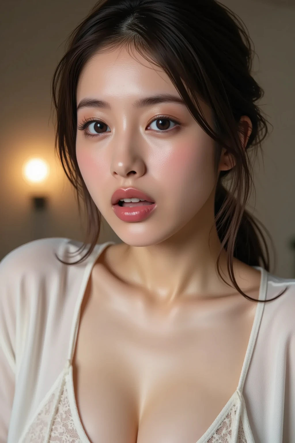 (Photorealistic、Masseter muscle area、Highest quality、High resolution、RAW Photos)、(full body, glamorous body,Perfect Detail)Realistic、Bright lighting、Face Light、Smooth Professional Lighting、pretty girl、Beautiful woman、Modeled、gravure、natural makeup、so beautiful、Realistic and beautiful skin、plum thighs, Beautiful and detailed、Detailed face、Big tits、Cleavage、wavy hair、Brunette colored hair、Brown eyes, cute face, plump lip, Straight nose, large dark eyes, Sharp chin line, upturned nose, looking at the camera、take a picture, Seductive Pose, Sexy lingerie++,Enraptured eyes
