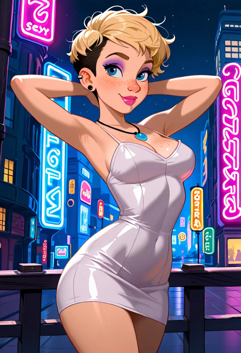 score_9, score_7_up 1girl, solo, (bulma):0.8, gold dress, cleavage, wide hips, taut clothes, large breasts, depth of field, presenting, short hair, head tilt, looking at viewer, gold choker, ring, neon lights, dark background, sparkle,