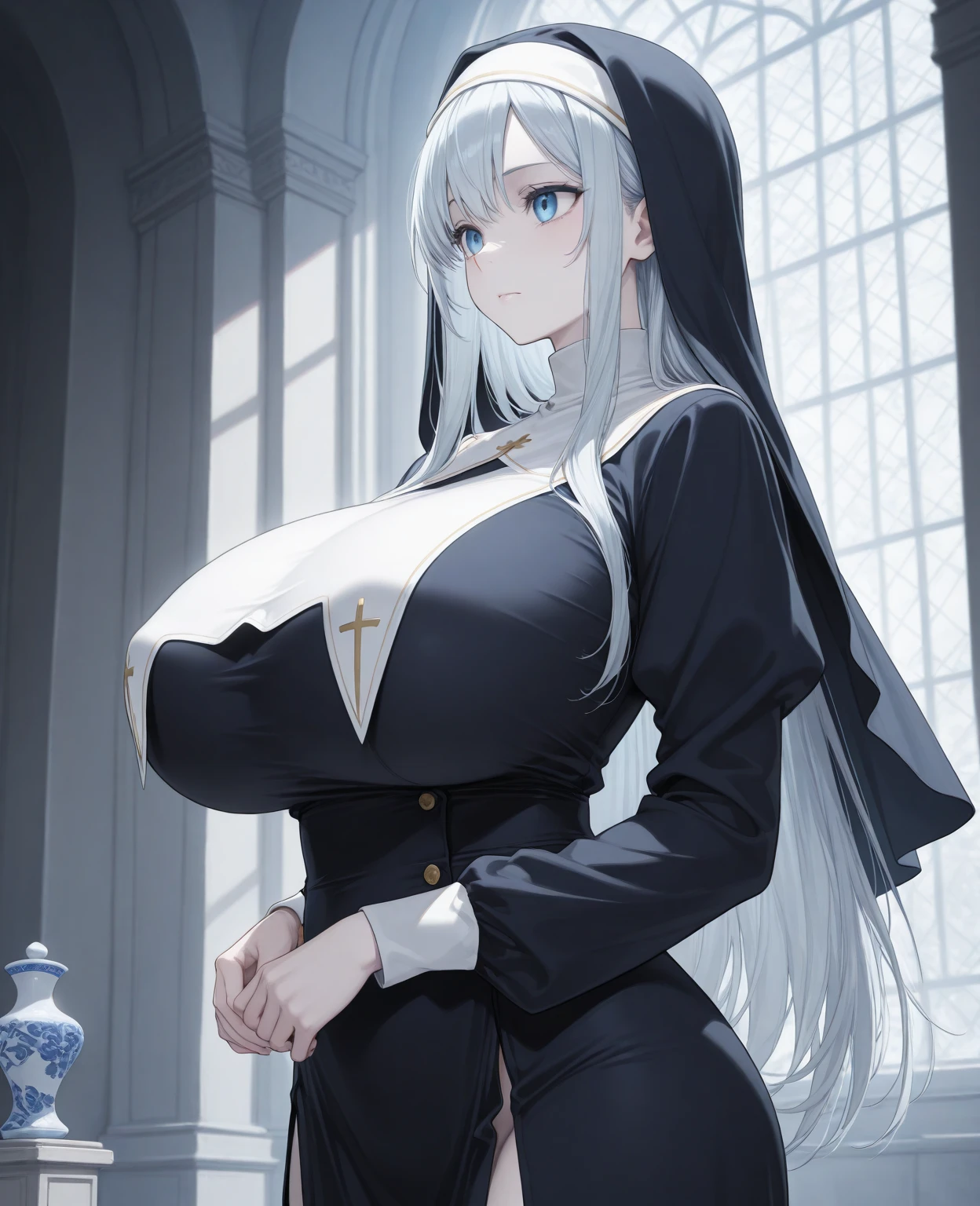 Animated girl in a French Sister church outfit, exuding a seductive allure, stands before the hallowed walls of a majestic French church. She dons the elegant habit of a Good Sister, its pristine white fabric contrasting sharply with her bold, sultry expression. Des chevaliers, knights in shining armor, gaze upon her, entranced by her enchanting charm. This seductive animated girl is a trending sensation, celebrated as the best rated on Pixiv and Tendances sur ArtStation, making hearts race in the anime community. Hailing from the popular game Azur Lane, she embodies the style voie d'azur with her captivating presence, bo