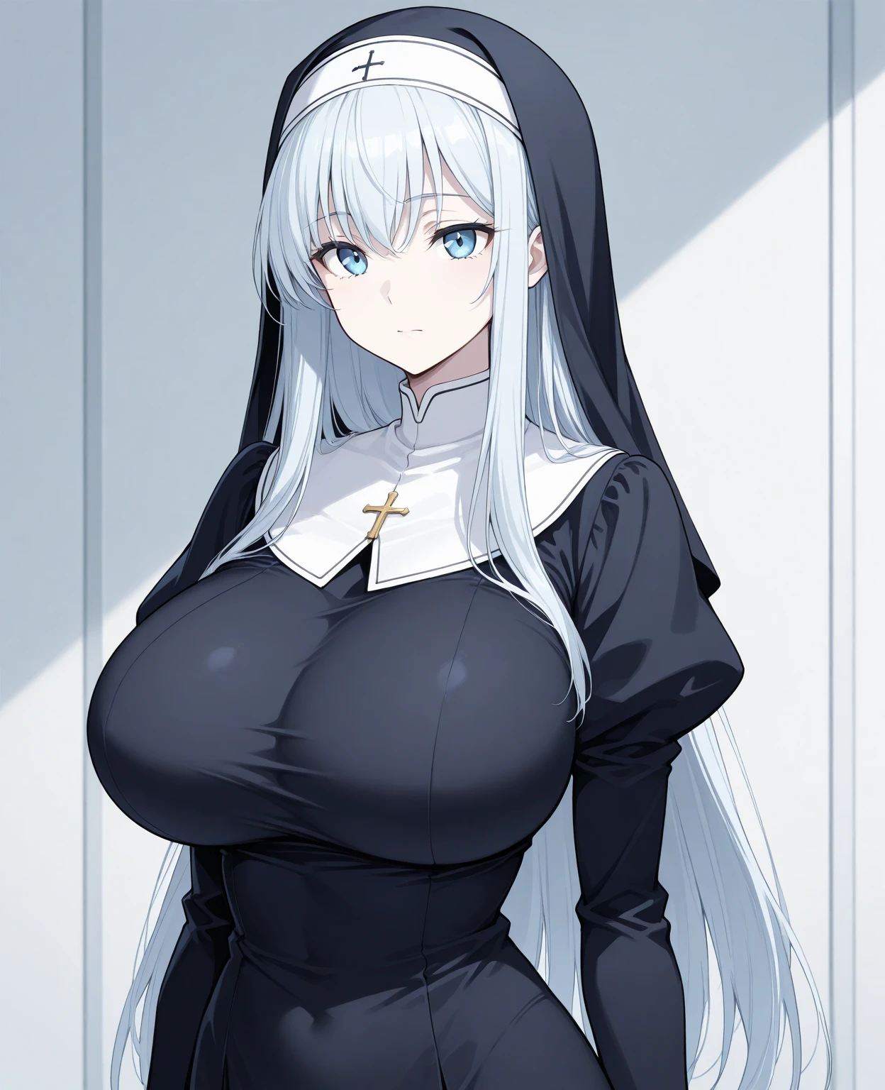 (highest quality, masterpiece),Straight gray hair、Blue Eyeoderately large breasts, Smiled、Nun's all-black garb、Sit、Thighs、sexy, erotic, 18+,