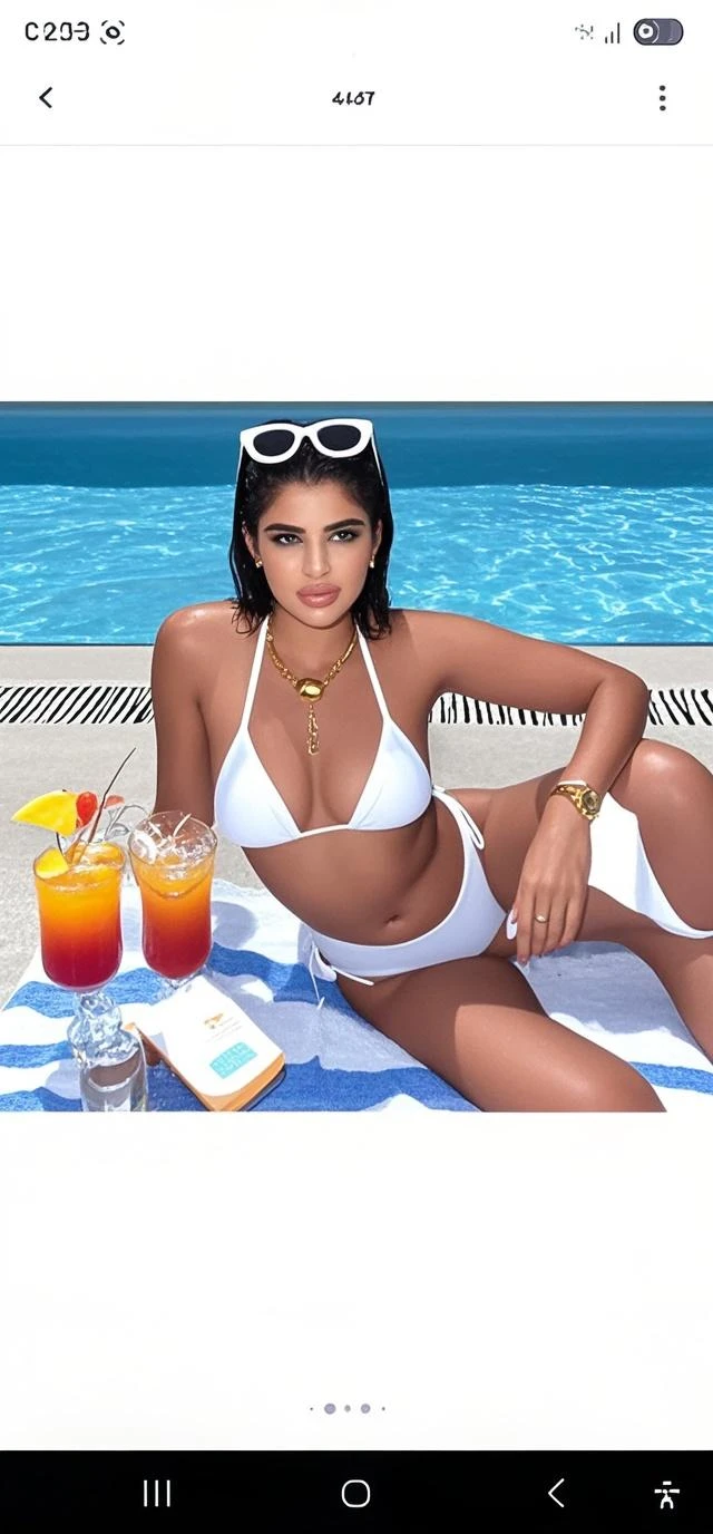 une femme séduisante dans un cadre parfait pour un post Instagram. La femme a une silhouette élancée et porte une robe moulante élégante de couleur ivoire avec des détails sophistiqués en dentelle et des découpes séduisantes. Ses cheveux sont longs, ondulés et de couleur châtain clair, tombant en vagues douces sur ses épaules. Elle porte un maquillage glamour avec un rouge à lèvres rouge cerise et un eye-liner dramatique. La femme pose de manière confiante, une main sur la hanche et l'autre tenant une coupe de champagne, avec un sourire captivant et séduisant sur son visage. Le décor est une terrasse exclusive au bord d'une piscine à débordement, située sur le toit d'un hôtel de luxe avec une vue panoramique sur l'océan au coucher du soleil. La piscine est éclairée par des lumières LED subtiles qui créent une ambiance magique. Autour de la piscine, il y a des chaises longues en teck avec des coussins moelleux en lin blanc et des parasols en toile beige. Des guirlandes lumineuses et des lanternes en papier flottent dans l'air, ajoutant une touche festive et romantique. Des plantes exotiques en pots élégants et des arrangements floraux opulents accentuent l'élégance du lieu. À proximité, une table basse en marbre est décorée avec des bougies parfumées, des pétales de roses et des flûtes à champagne, ajoutant une touche de glamour et de romance. Il y a également un bar à cocktails sophistiqué avec des barmans en uniforme, prêts à servir des boissons exotiques garnies de fruits frais et de herbes aromatiques. La palette de couleurs est sophistiquée et élégante, dominée par des tons de bleu océan, de doré et d'ivoire, avec une ambiance générale de luxe, de séduction et de sophistication balnéaire.