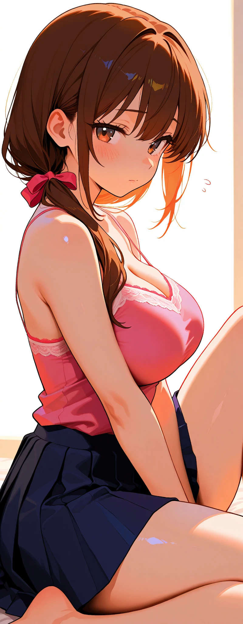 una caricatura de una madre madura bottomless y una camisa morada, Brown hair, chica anime seductora, proporciones maduras, tocando su ropa, pose sexy, breasts uncovered , hermosa y seductora mujer anime, pose casual, pechos grandes!!, pechos saliendo de blusa, gruesa, caderas anchas,  motherly, toma de cuerpo completo, trasero perfecto, vientre ligeramente embarazado