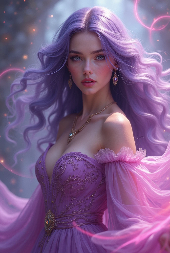 
Ethereal Majestic female goddess with dark purple , dark blue , yellow colour palette. Black hair . Dark aura
