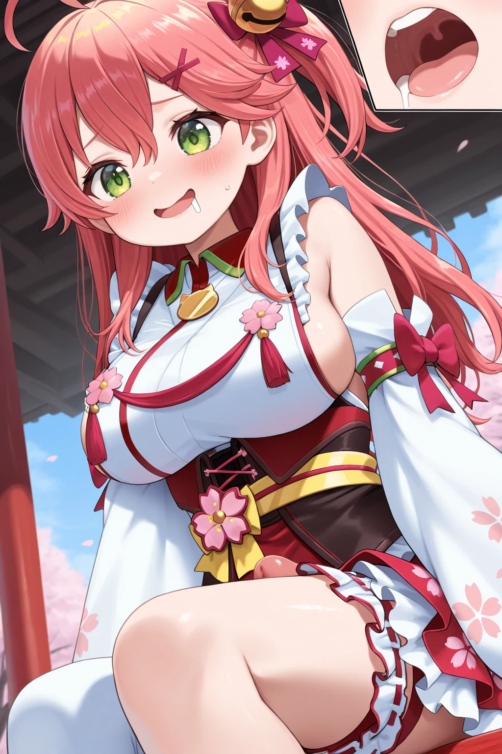 1girl, solo, best quality, miko_jp, yellow bow, japenese clothes, pink hair, green eyes, ahoge, one side up, huge breasts, wide sleeves, thighhighs, floral print, hair bell, bridal garter, detached sleeves, hair ornament, dynamic pose, outdoors, japenese temple, smile, open mouth, sideboob, <lora:Sakura_miko_v1.0:0.6>
