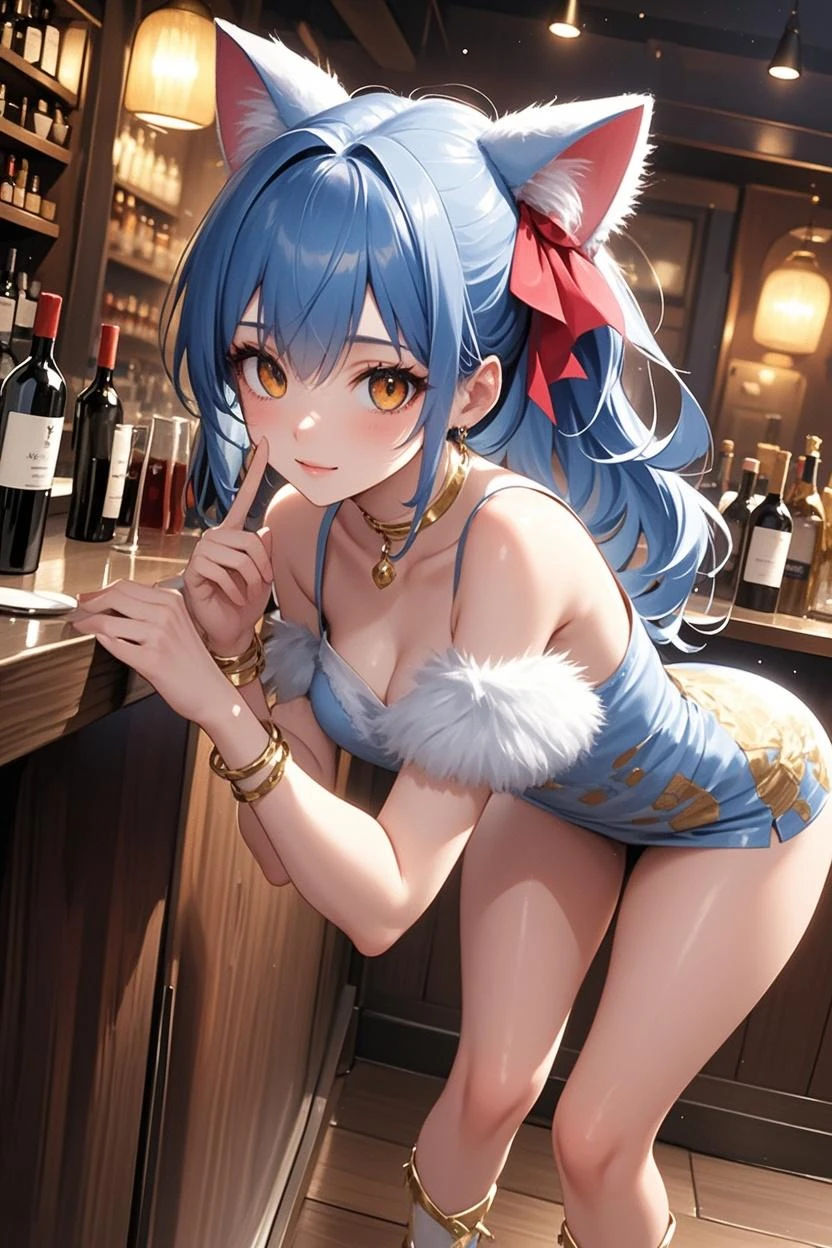 Tatsumaki (top quality、in 8K、32k、​masterpiece、HD、超A high resolution、19 years old, big breasts, triple D cup breasts, round buttocks, bubbly buttocks, wide hips, bubbly ass, fit and strong, Slim body, 、Photorealistic、professional lighting：1.2)、from below、detailed faces and eyes、Realistic eyes、Sharp pupils、full body, (a bar counter、store front:1.4)、beautiful face、blurred background、skin bright, (１The book fox tail grows.:1.4)、beautiful green hair、short hair、(ponyTail:1.2)、deep green eyes、fox ears、hair ornaments、smile kindly、Naughty smile with open mouth 、curve、(Sky blue costume、Playboy Bunny:1.2)、Blue high-cut leotard、wearing fishnet stockings、white cuffs、a bow tie、Holding a tray of alcohol、 