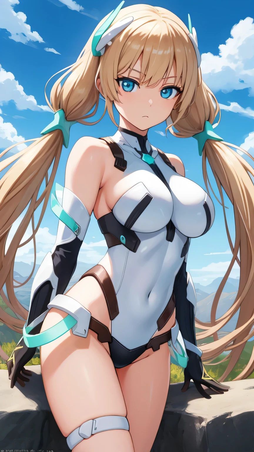 ultra-detailed、sensual, ((long blonde curly hair)), thick thighs, 8K, 4k, highest quality, High resolution:1.2), cute anime face, noise reduction, ((Glowing green eyes, gentle smile, kind eyes))、toned abdominal muscles, muscular arms, muscular legs, young face, anime eyes, (((big breasts、A chest that is about to burst)))、(((bondage style)))、(((Rear view、I'll turn around、emphasize the buttocks、T-back that digs into your butt)))、(((white string:1.5)))