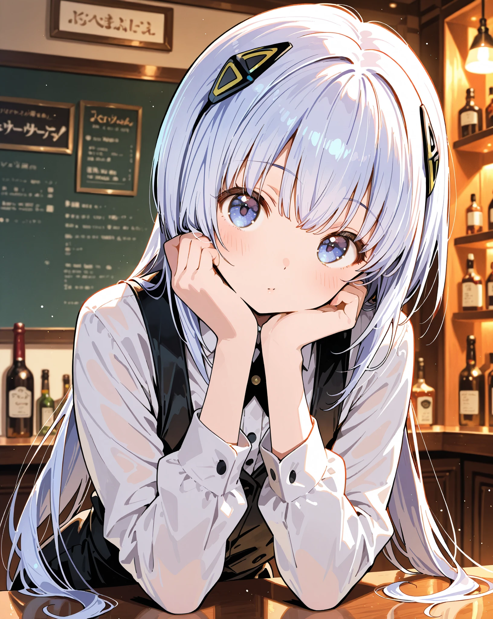 masterpiece, best quality, high quality, 1girl, solo, fox ears, animal ear fluff, blue eyes, grey hair, long hair, hair between eyes, looking at viewer, indoors, bar, table, beer mug, beer, alcohol, drunk, (blush, naughty face:1.1), medieval city, lanterns, grey shirt, (grey blazer), skirt, medium skirt, sidelocks, kawakaze \(azur lane\), expressionless, kwkzmit, table, (pov across table, sitting, chair:1.1), blue neckerchief, holding beer mug on table, (head rest, sleepy:1.1)
