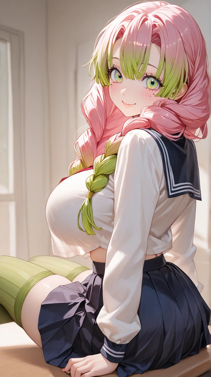 big tits,big ass,sexy,beautiful, masterpiece, best quality, extremely detailed body, perfect lighting,blush face,MitsuriKanroji,demon slayer uniform,very long green socks,mini skirt,showing ass,doggy postion,