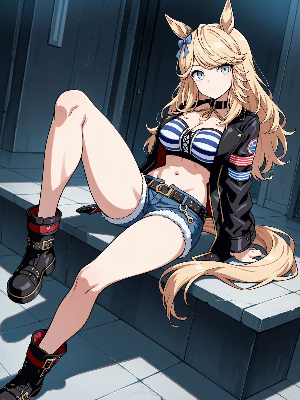One beautiful girl, anime face, long hair, blonde, tall, nice body, black police hat, see-through tank top, belly button, armpits, ripped denim shorts, crotch emphasis, sexy pose, bedroom, ultra high quality