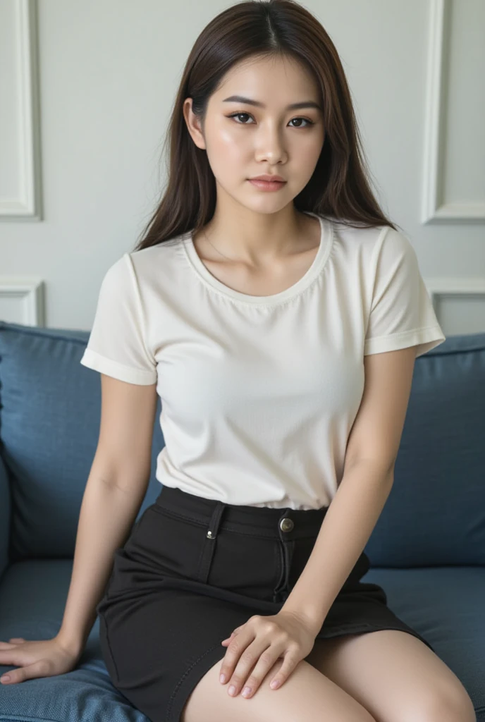 a shot of a beautiful sexy 28 year old asian woman, Dark brown hair, straight hair, clear skin, made up, Brown eyes, big tits, with casual blouse and casual skirt, at home, natural lighting and shadows, hyperrealistic, detailed.
