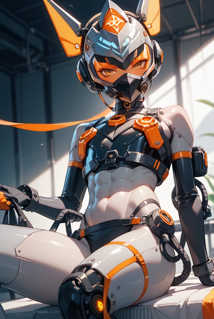 (Masterpiece: 1.5, best quality, high resolution: 1.3, super resolution, super detailed, ultra detailed: 1.3, rich background: 1.2, 1 woman)) no face shown + female body + large chest + medium hips + thick thighs (Deadpool-themed sleeveless bodysuit, sneakers, harness, small bags tied from her hips to her thighs, Deadpool motorcycle helmet, scars from Ms. Fortune skullgirls, visible skin on arms and legs) ((smiles, sitting on a rooftop, lighting city lights)) (colors for clothing and accessories: white, black, aquamarine, brown)