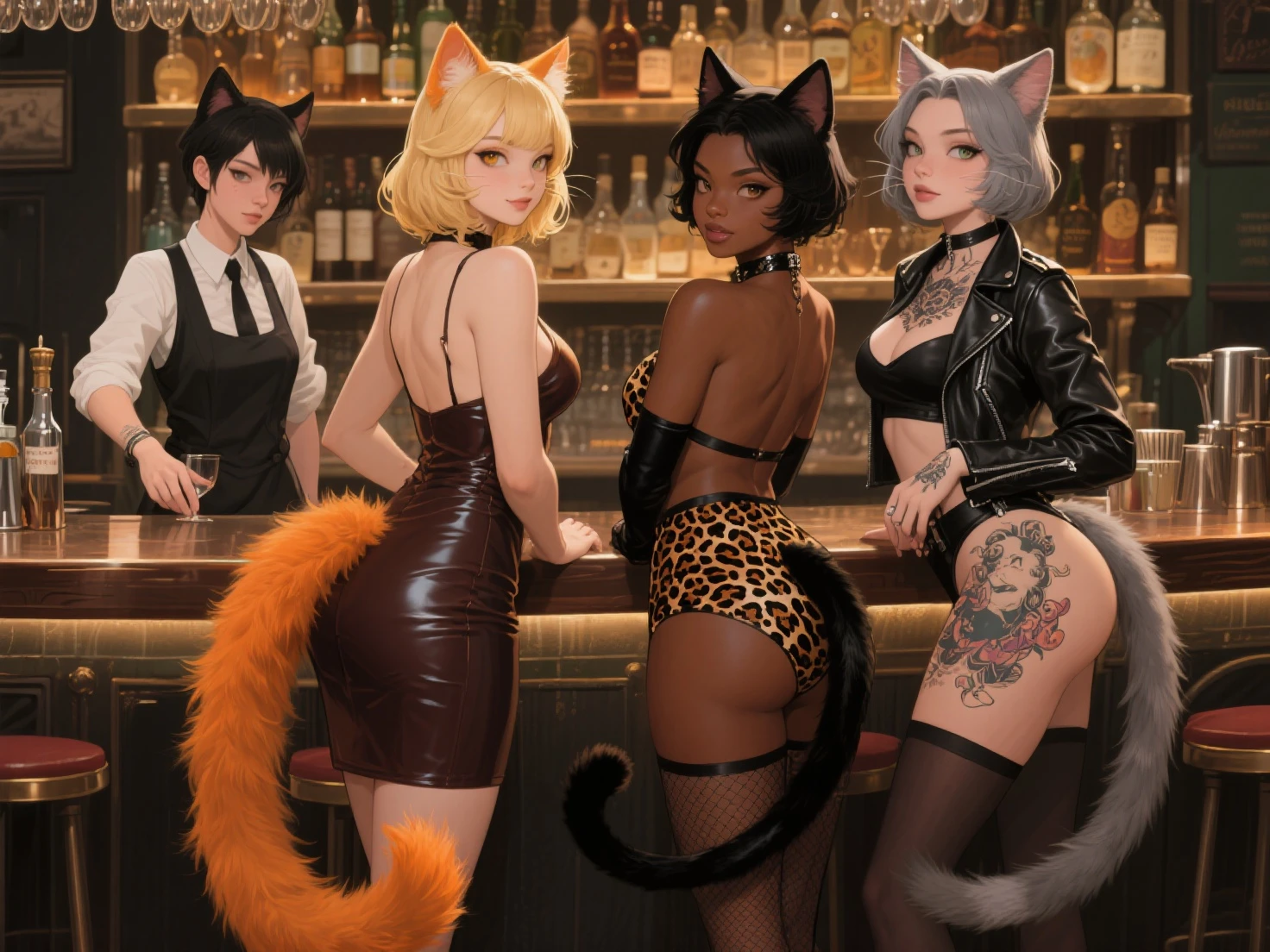 Darkness, 2 girls , full body picture, (girl standing sideways), big round butt, blond hair, blond catgirl ears, catgirls, green eyes, godess, mistress, sitting ,posing, beautiful, detailed skin, hour glass figure, revealing clothing, jewelry, collar, stockings, lace, halterneck, (transparent clothing), leather straps, tavern girl clothes, detailed hands, perfect quality, good quality, masterpiece, HDD, UHD, ((light smile:1.1)),lustful gaze, smiling, sweaty, holy light, halo, steamy atmosphere, crowded tavern, music, joy, singing,