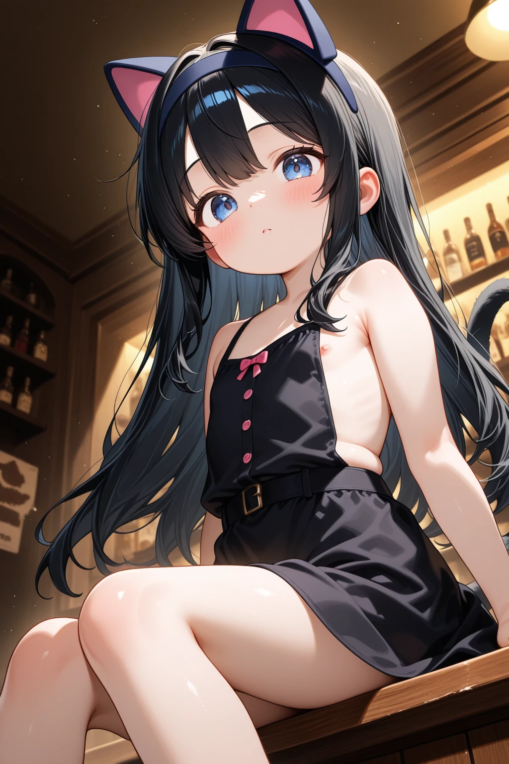 Hands behind back,Tied with hands behind back,lick,from front,front view,looking at viewer, looking ahead,from above,cowboy shot,1girl,Beautiful 14 year old girl,Japanese,Slender,,low length,Small breasts,Thin legs,Small Ass,Baby Face,Small face,Black Hair,two side up,Gray Eyes,Drooping eyes,slit pupils,narrow eyes.middle School girls,Black collar with black leash,String extending to the camera side,A see-through black and light blue negligee,lingerie,open mouth,tongue out,front face,,Straight Stand,Beautiful and detailed anime art,Mischievous smile,Sexy vibe,cum on tongue,bustling street,In town
