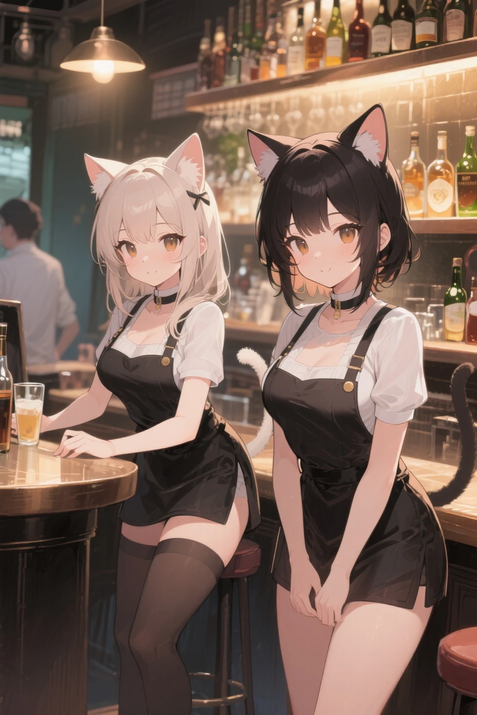 photore,best qualtiy,tmasterpiece,Kizi,White hair,short detailed hair,cat ear,tilts your head,is shy,adolable,Flush,Loose clothes,Manteau blanc,Natural stay,Lori huge breasts cleavage,astonishment,exquisite face,multiple persons,having fun,Cat tail,Crush on me,I hate her,My tablemate
