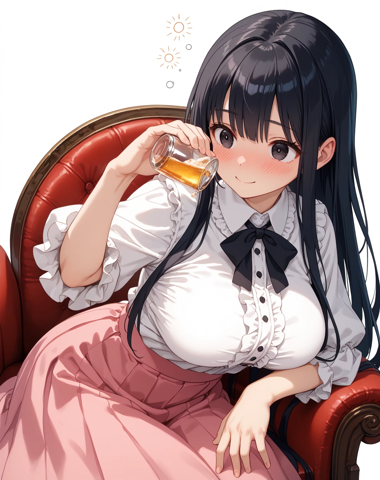masterpiece,ultra detailed,smooth anime,curvy seductive woman,(tareme:1.2),thick lips,long black hair,blunt bangs,wavy hair,tube top frilled blouse,(low-rise skirt),see-through stole on shoulder,make-up,sitting and spreading legs at crowded pub,sweaty,look at viewer,,(pubic hair),peace sign,breathing out