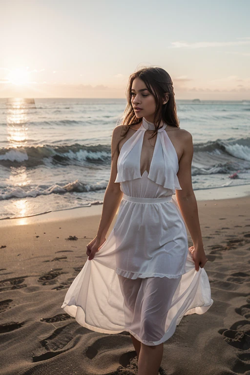 thesea, wave, 1girl is walking on the beach, ear ring, necklace, looking at viewer, transparent summer dress, realistic, sunset, cloudy sky,