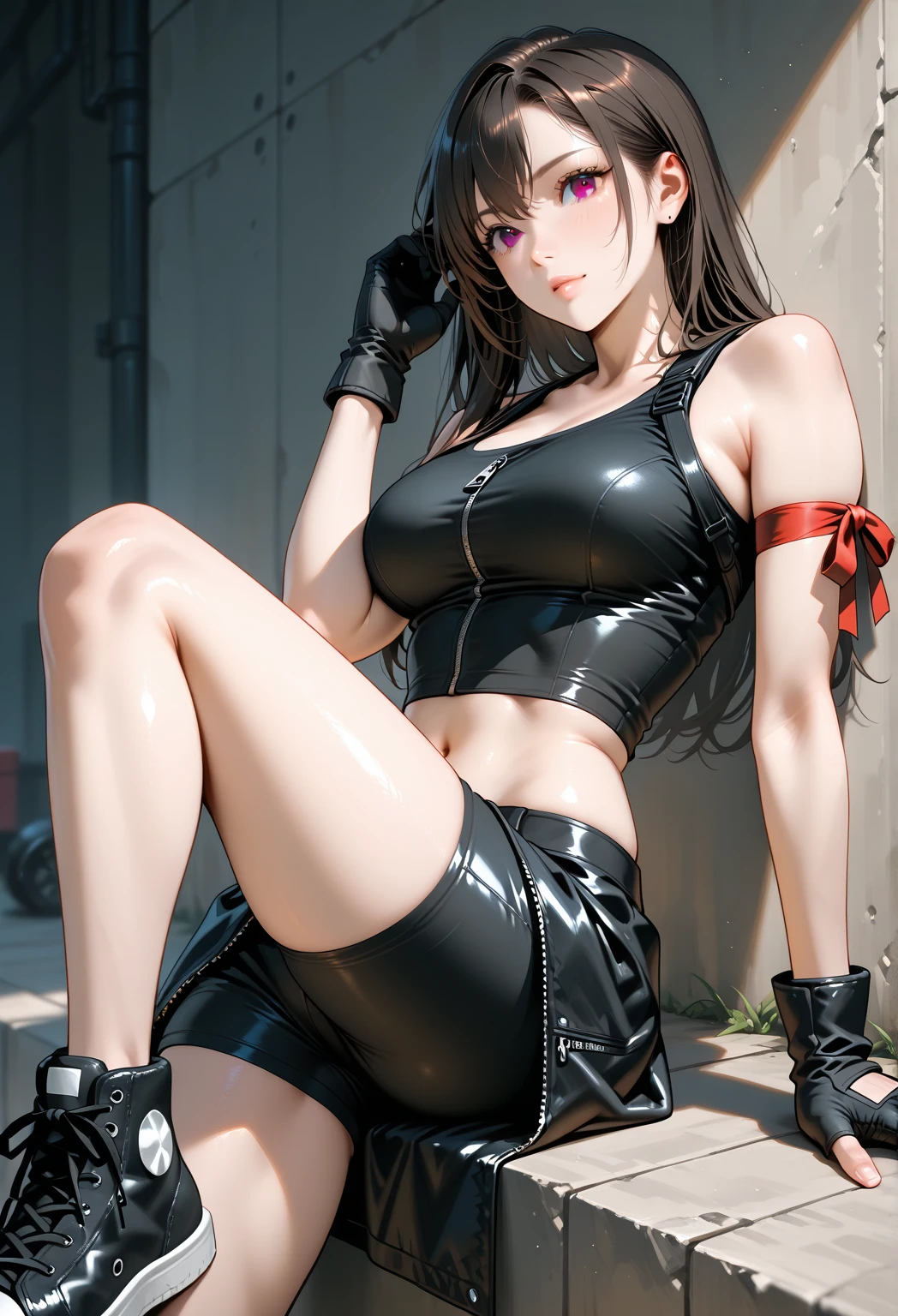 ((realista: 1.5)),((melhor qualidade)), ((obra-prima)),(detalhado)), Woman, young, with dark skin, Indian hair, innocent look, fervent, medium breasts, large thighs, short tight dress, black tights, boots.