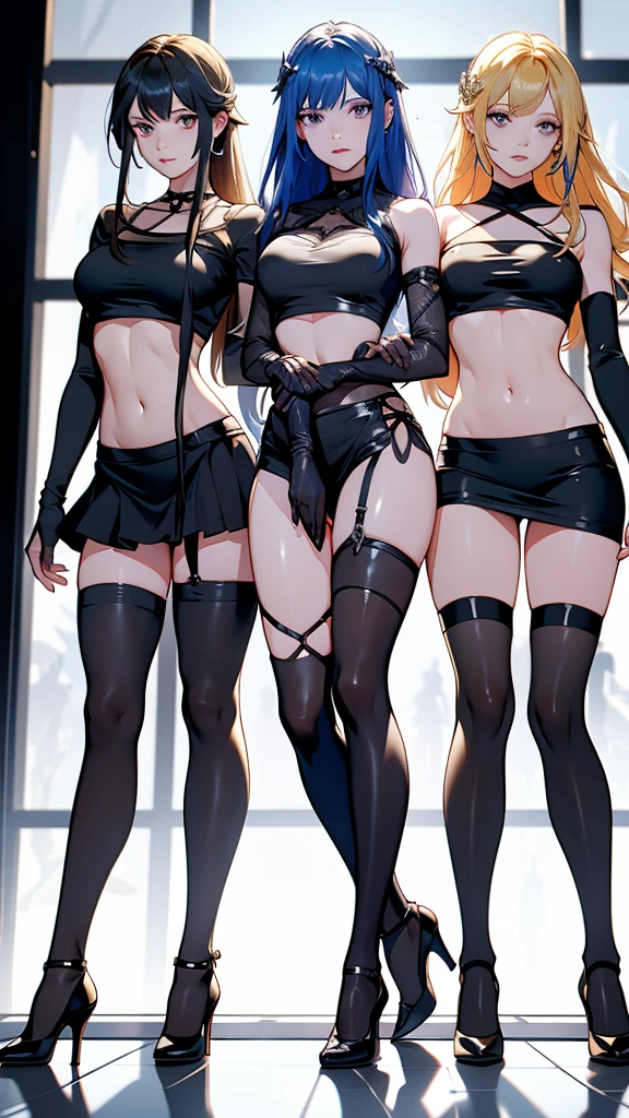 Dynamic shot, ((3 females)), A picture of (2 beautiful succubus girls) and (1 sexy nun) on a leash, ((2 demon girls and a nun)), nun, demons, beautiful demon girls, dark, sexy, nun on a leash, (golden leash), collar, horror, dark, beautiful bodies, slim, horror style, highly detailed faces, stockings, leather tight boots, from below,