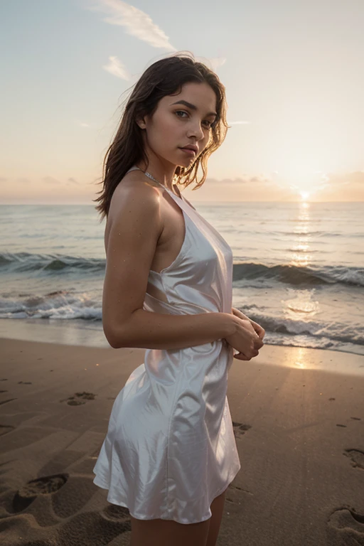 Sally-Anne, A Photograph of a serene beach at sunset, pastel hues caress a figure in a flowing beige dress, embodying tranquility and ., Mysterious, model body, in Santa Monica beach, California beach, beautiful brunette girl, super detailed, photorealistic, photo, sitting on a sand,