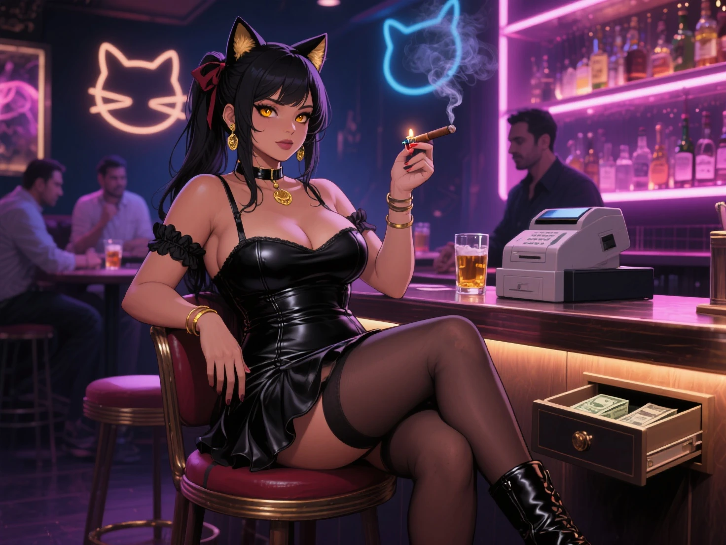 Deer girl, short messy hair, brown hair, woman, breasts, antrum, extremely detailed, extremely detailed legs, extremely detailed arms, extremely detailed face, perfectly detailed eyes, perfectly detailed anatomy: 1.2, solo, perspective, curved thighs, huge thighs, curvature, embarrassed smile, (tail), totally blushed, nervous, looking at the viewer, red eyes, black choker, gothic outfit, green tank top, black skirt, Fishnet stockings, boots, gothic makeup, Nightclub, neon lights, Fishnet gloves, bar, sitting on a chair, by fluff-kevlar, by Zackary911, by Kenket, by Kilinah, by fluff-kevlar