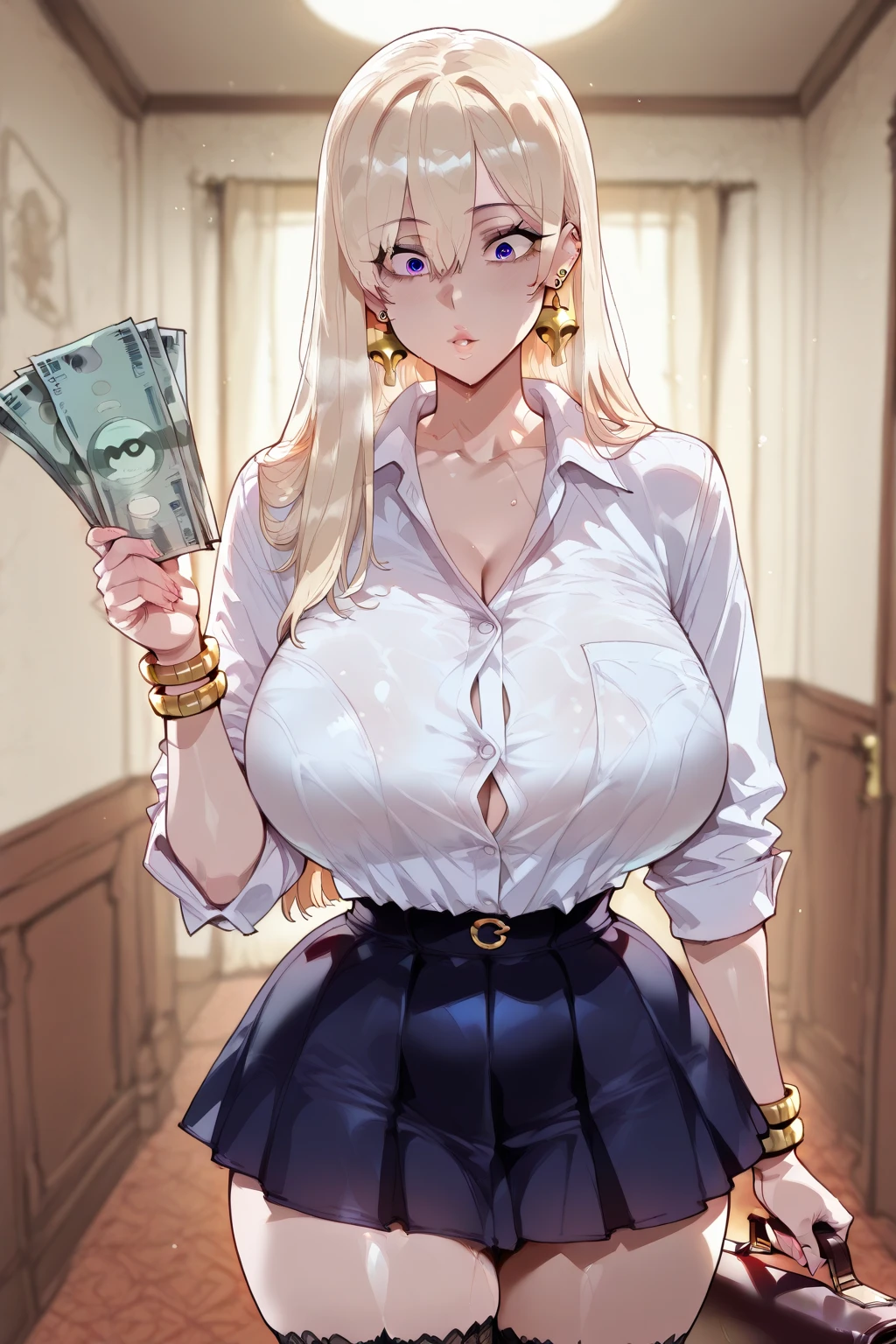 woman, pink hair, long hair, open forehead, no bangs, blue eyes, big breasts, black dress, short dress, elegant dress, sitting on a table, bundles of money, a lot of money